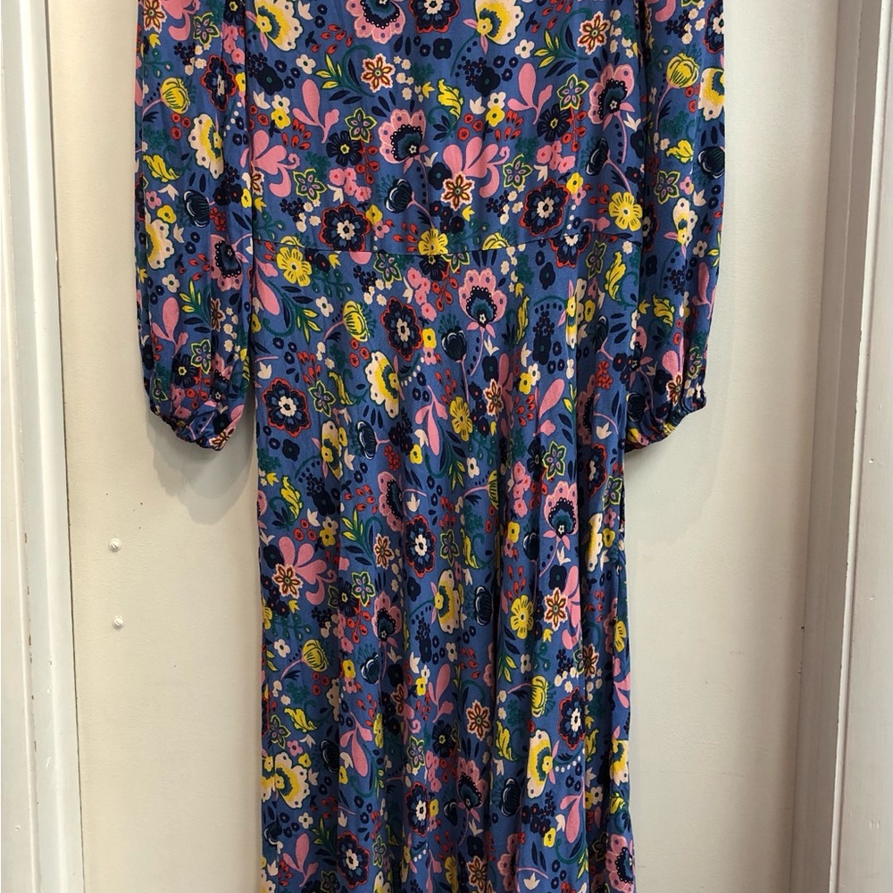 Boden Blue Floral Dress with Pink, Green & Yellow Motifs